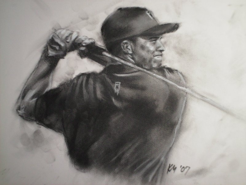 Tiger Woods, charcoal on paper, 2007